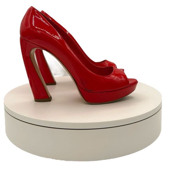 MIU MIU RED PUMPS PATENT LEATHER PEEP TOE BLOCK HIGH HEEL SHOES WOMEN EU 38.5 - Picture 5 of 10